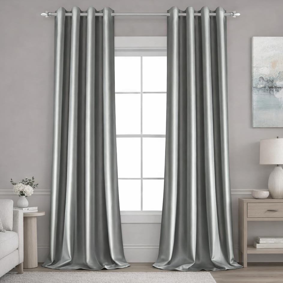 HOMEIDEAS 2 Panels Silver Grey Faux Silk Curtains Gray Blackout Curtains for Bed
