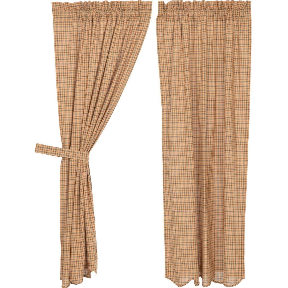 63″L Lodge-Style Lined Curtains Red Navy Tan Plaid Cotton w/ Tie Backs Millsboro