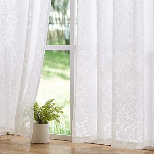 White Sheer Curtains for Windows 63″ Burnout Vintage 54″w x 63″l 2pcs Damask