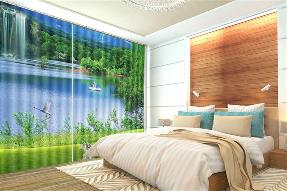 Willow Lake Swan 3D Curtain Blockout Photo Printing Curtains Drape Fabric