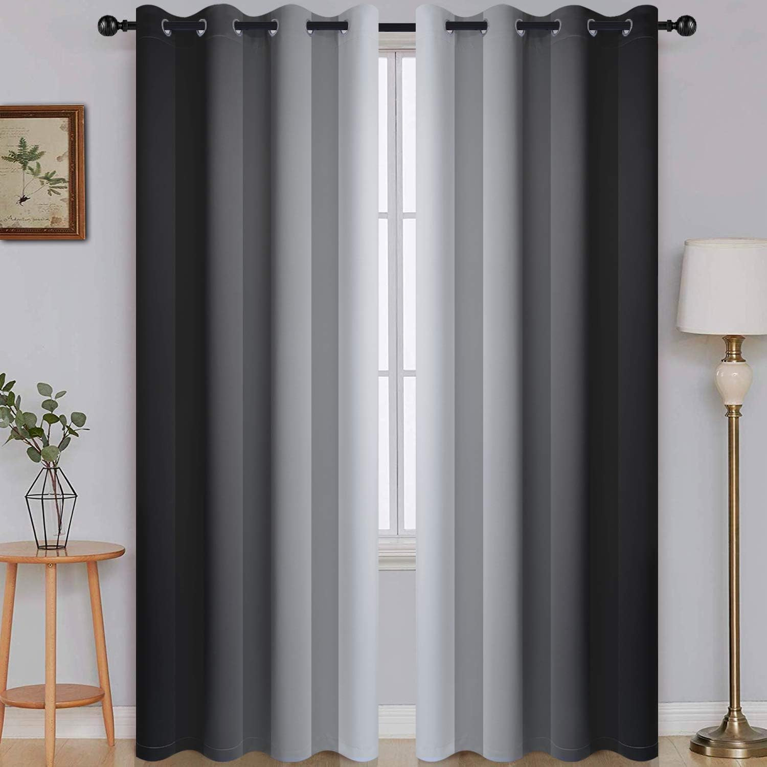 Ombre Room Darkening Curtains 2 Panels 52×84 Gradient Black Gray White
