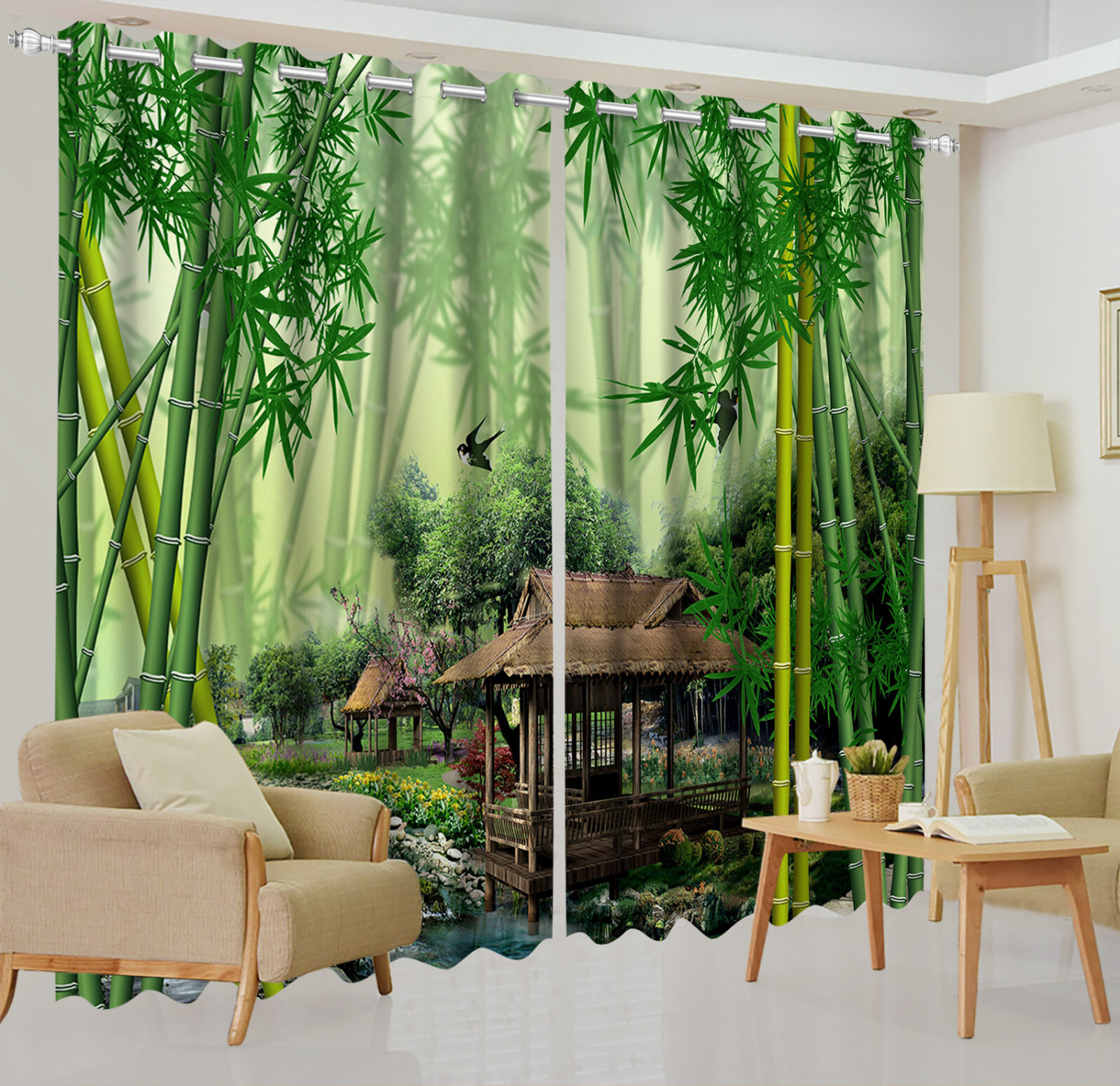 Forest Scenery Green Bamboo 3D 2 Panels Window Curtains Blockout Drapes Fabric