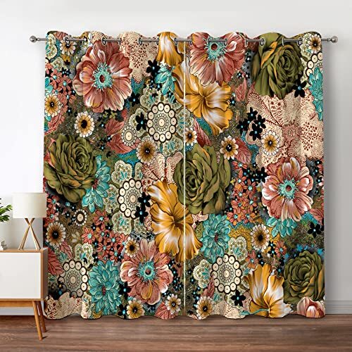 Boho Floral Blackout Curtains Colorful Flowers 42″W x 54″L (Pack of 2) Flower2