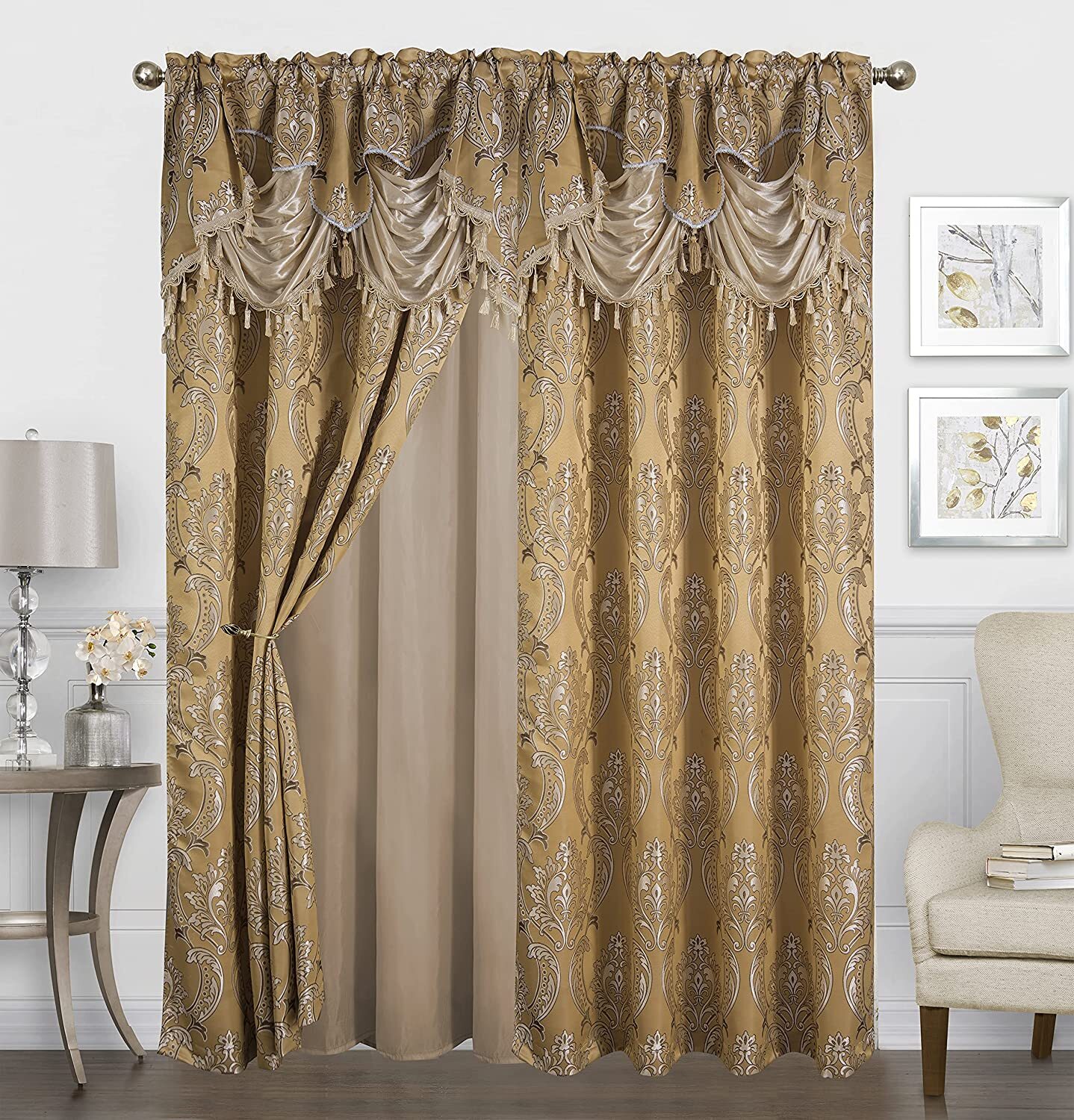 Solid Gold Damask Tassels 5 pc Curtains Panels Drapes Valance Set 63 84 95 in L