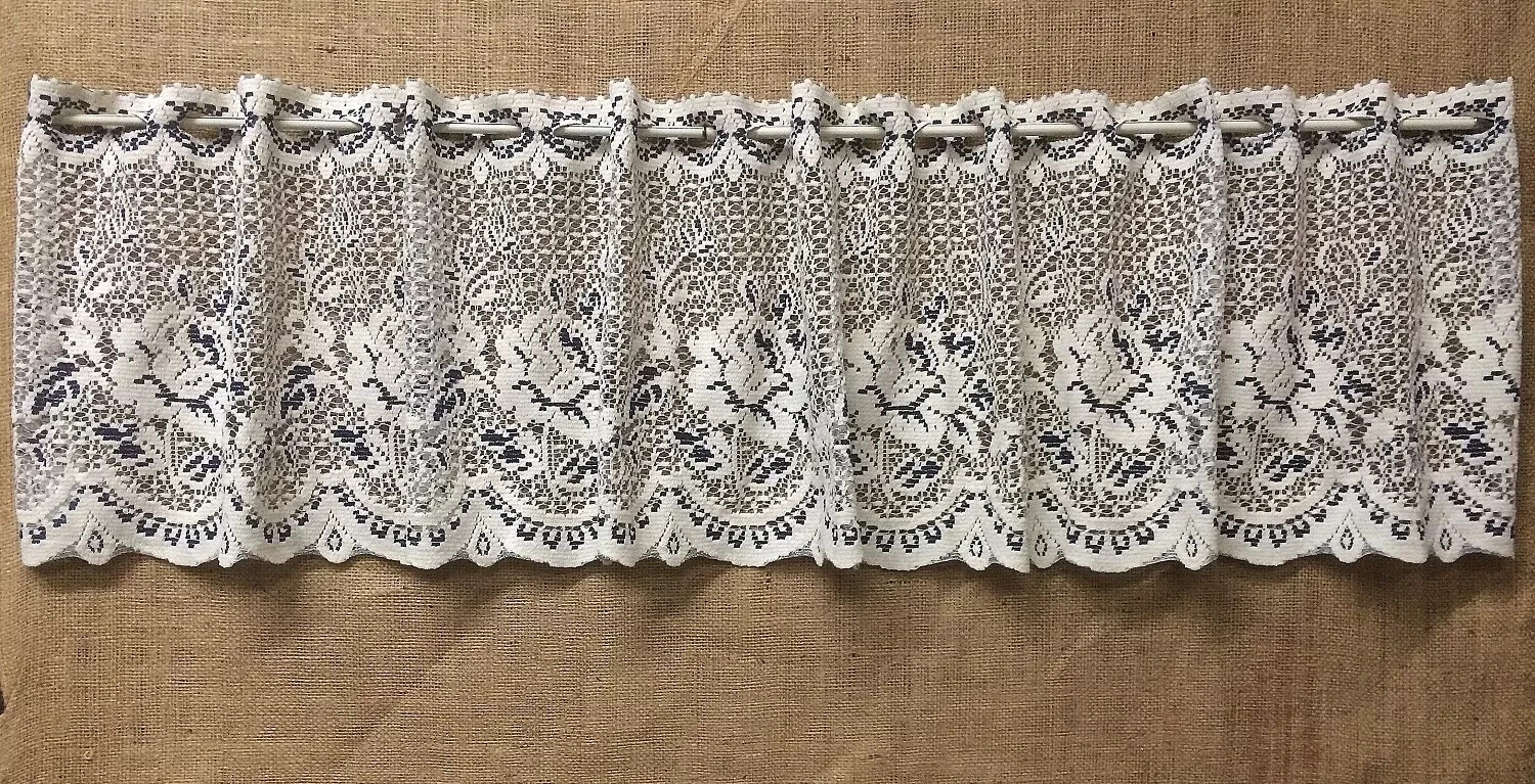 Victorian Rose Cotton Blend Cream and Navy Lace Valance 62″ x 12.5″ Kitchen