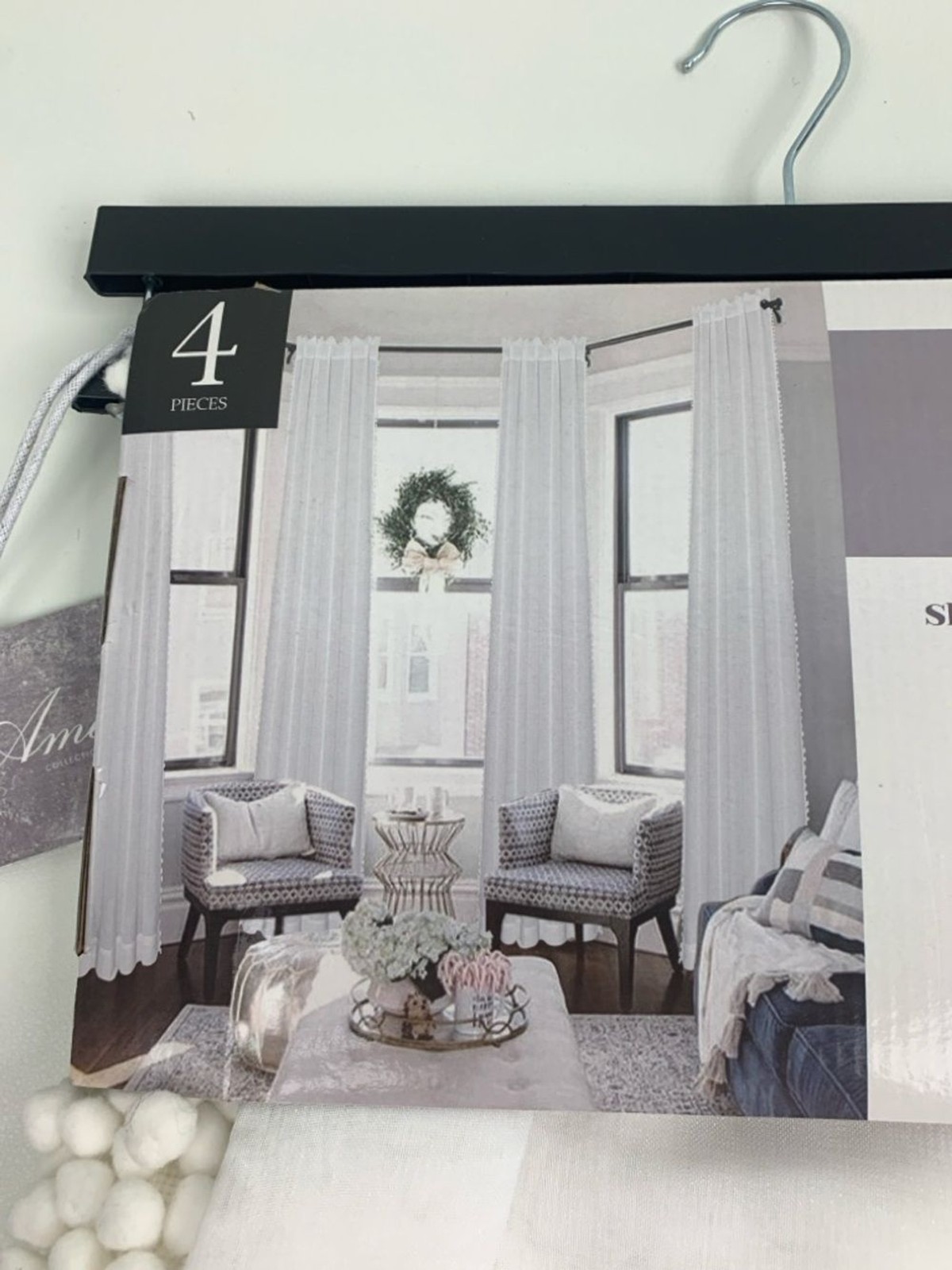 Amelie Sheer Pole Top Window Curtain Panels with Pom Trim White 38×84 NEW NWT