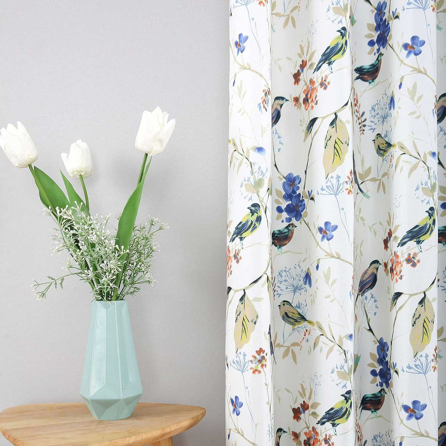 Bird Print Blue Curtains Sliding Door Drapes 2 Panels 52×84 Grommet Set