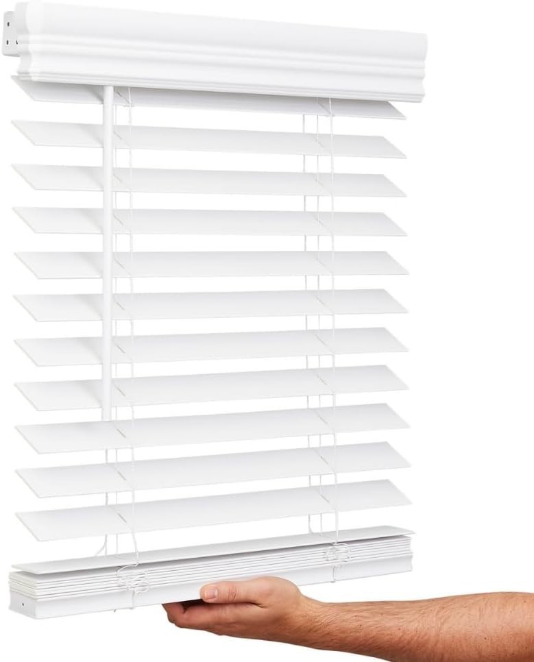 Bravada Cordless Blinds, 2 inch Faux Wood- All Sizes, White- EXACT WIDTH