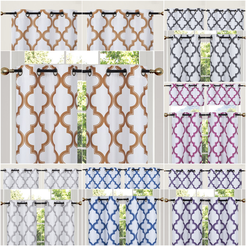 4PC FULL KITCHEN WINDOW CURTAIN PANEL GEOMETRIC PRINTED 2 TIER 2 VALANCES 7LO