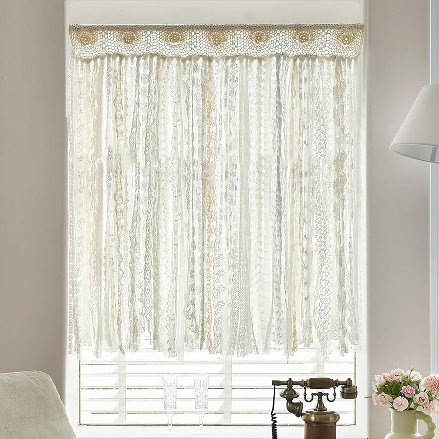 Crochet Boho Curtains With Lace Trim Ribbon Hand Made Lace Window Topper Farm…