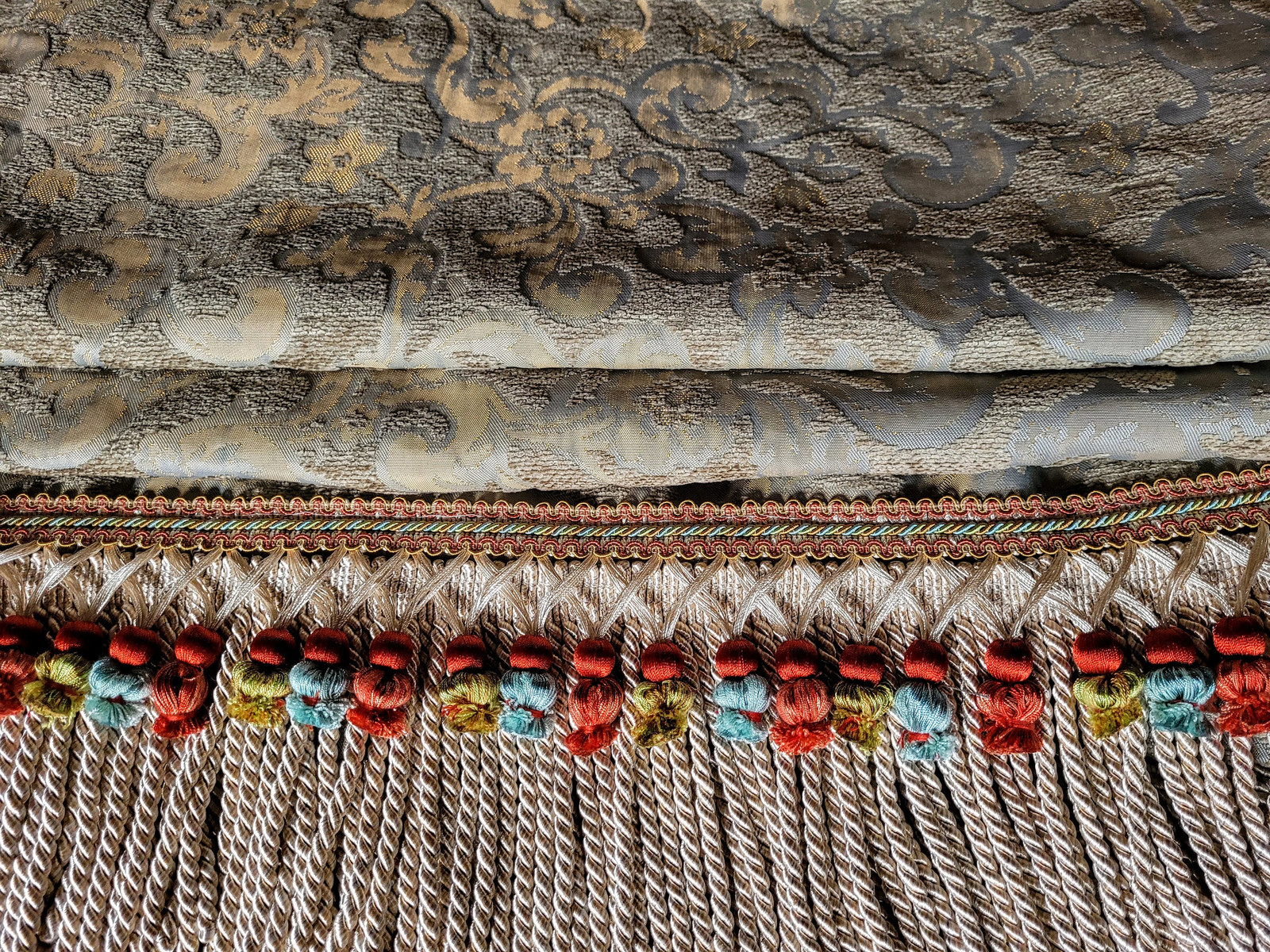 Brocade Curtain Pair: Blue Gold Iridescent Heavy Cotton with Tassel Trim, Each