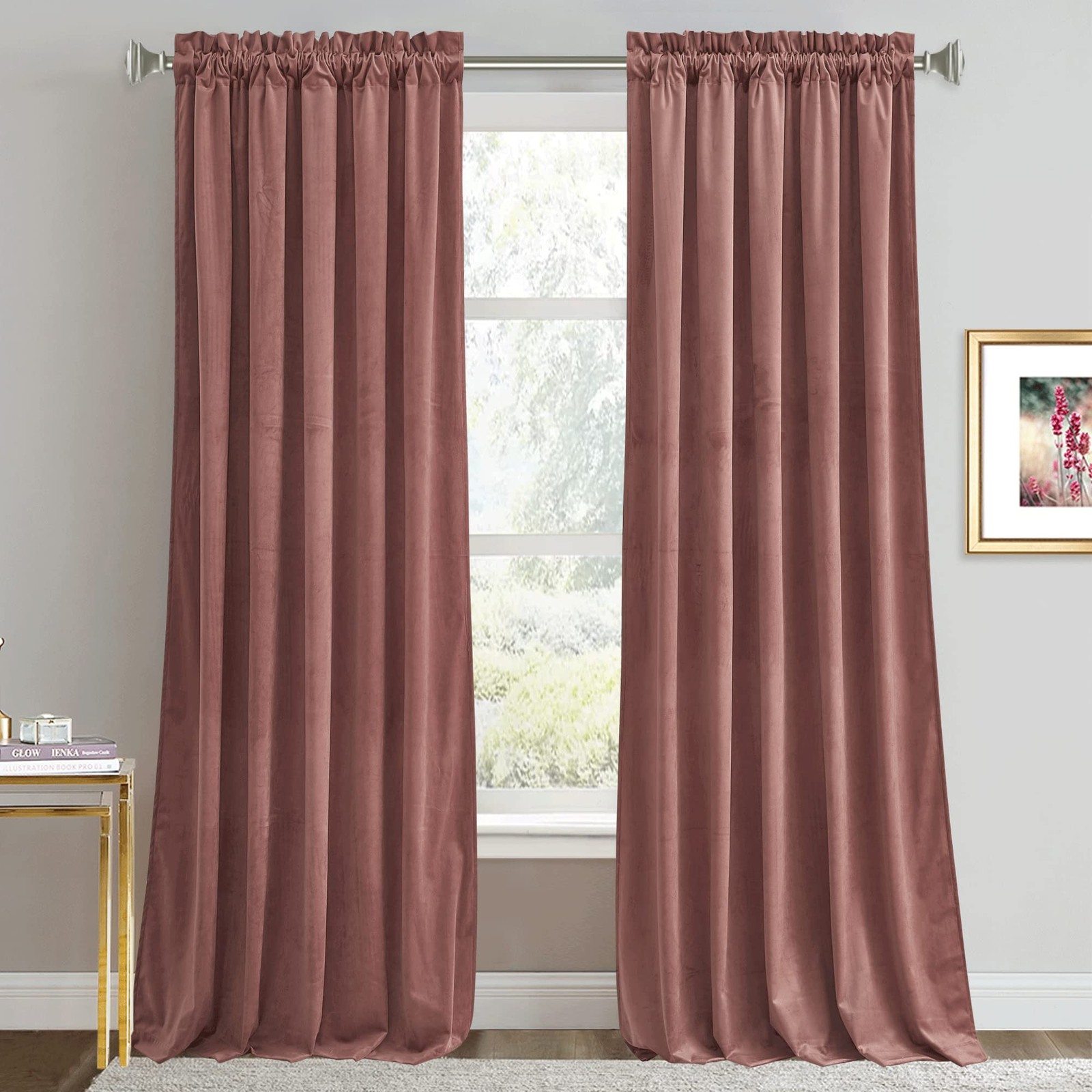 Mauve Velvet Curtains 84 inch Length Room Darkening Large Window Covering Sil…