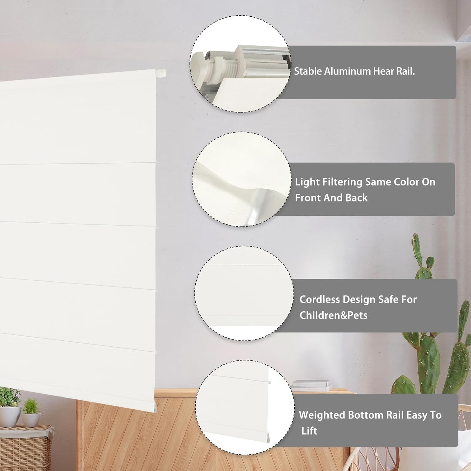 Changshade CUSTOM Light Filtering Cordless Modern No Tools No Drill Roman Shades