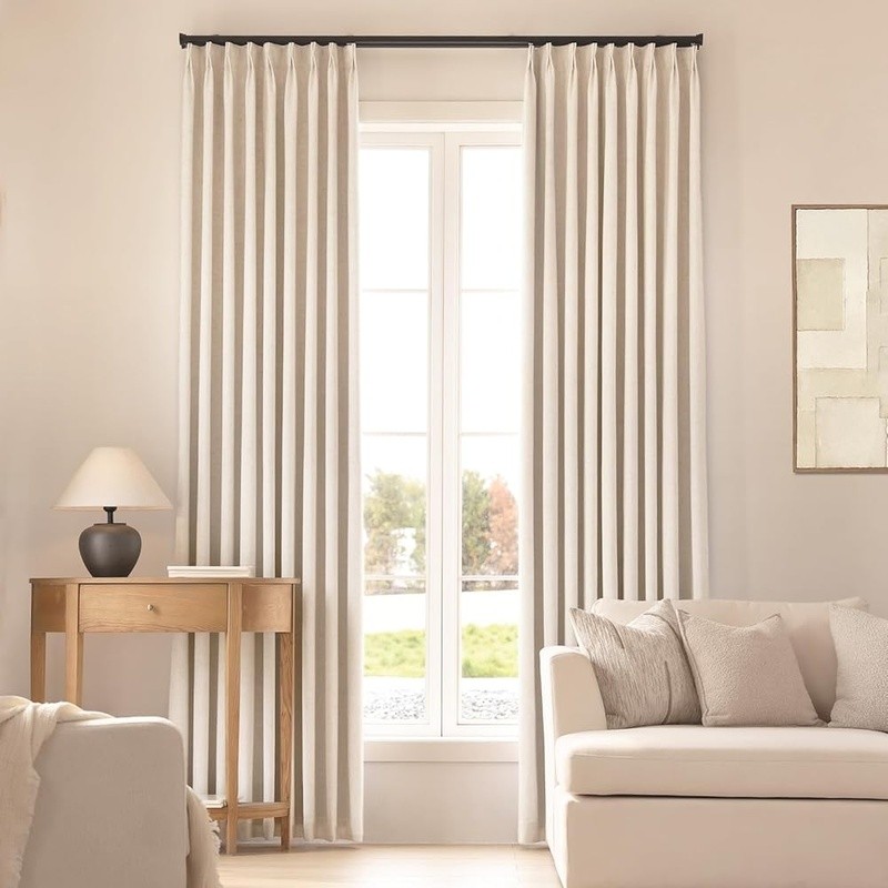 Pinch Pleated Blackout Curtains Linen Noise Reducing Light Blocking Drapes 2 Pcs