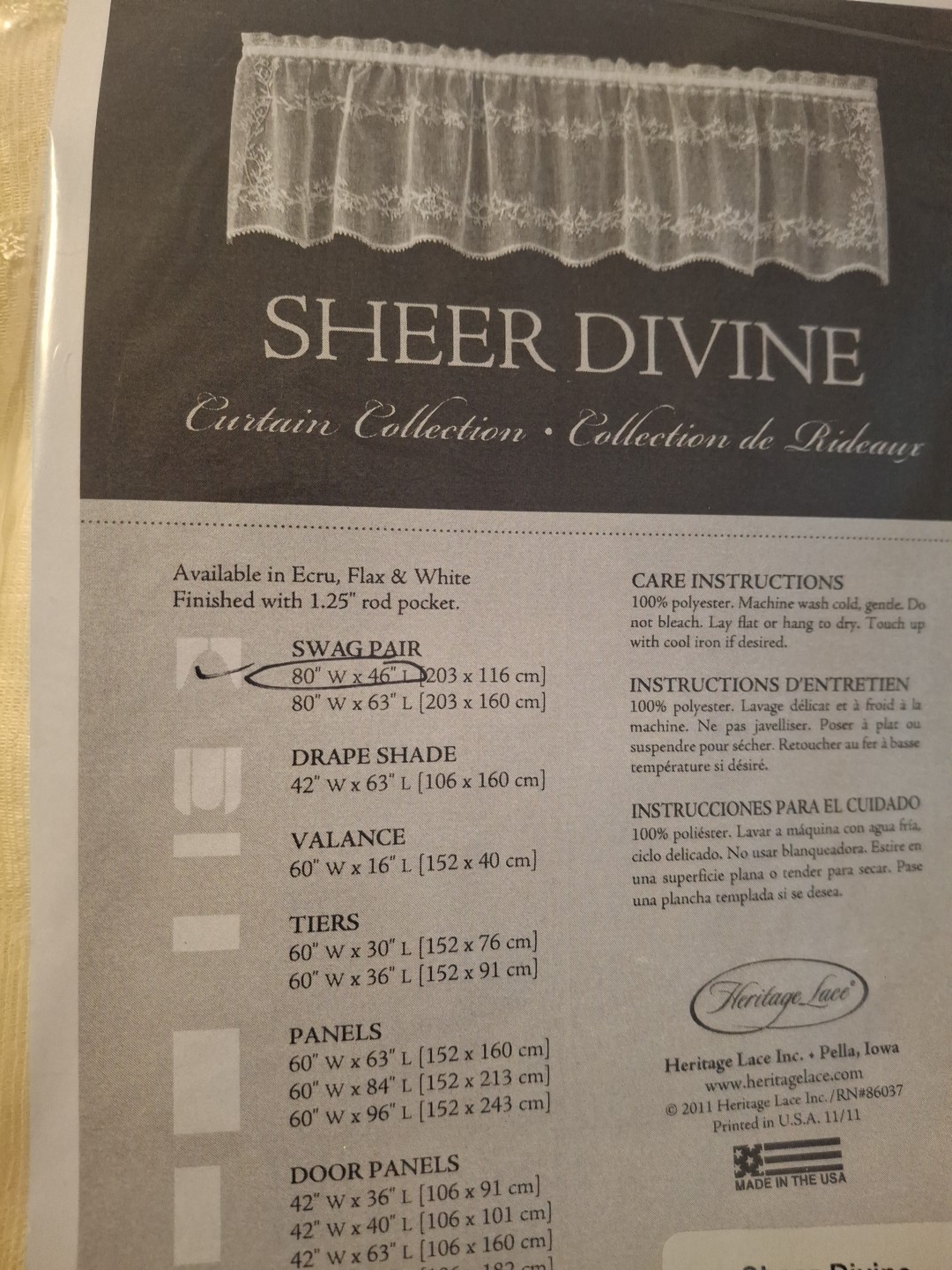 Heritage Lace SHEER DIVINE 46″ Swag Pair ECRU