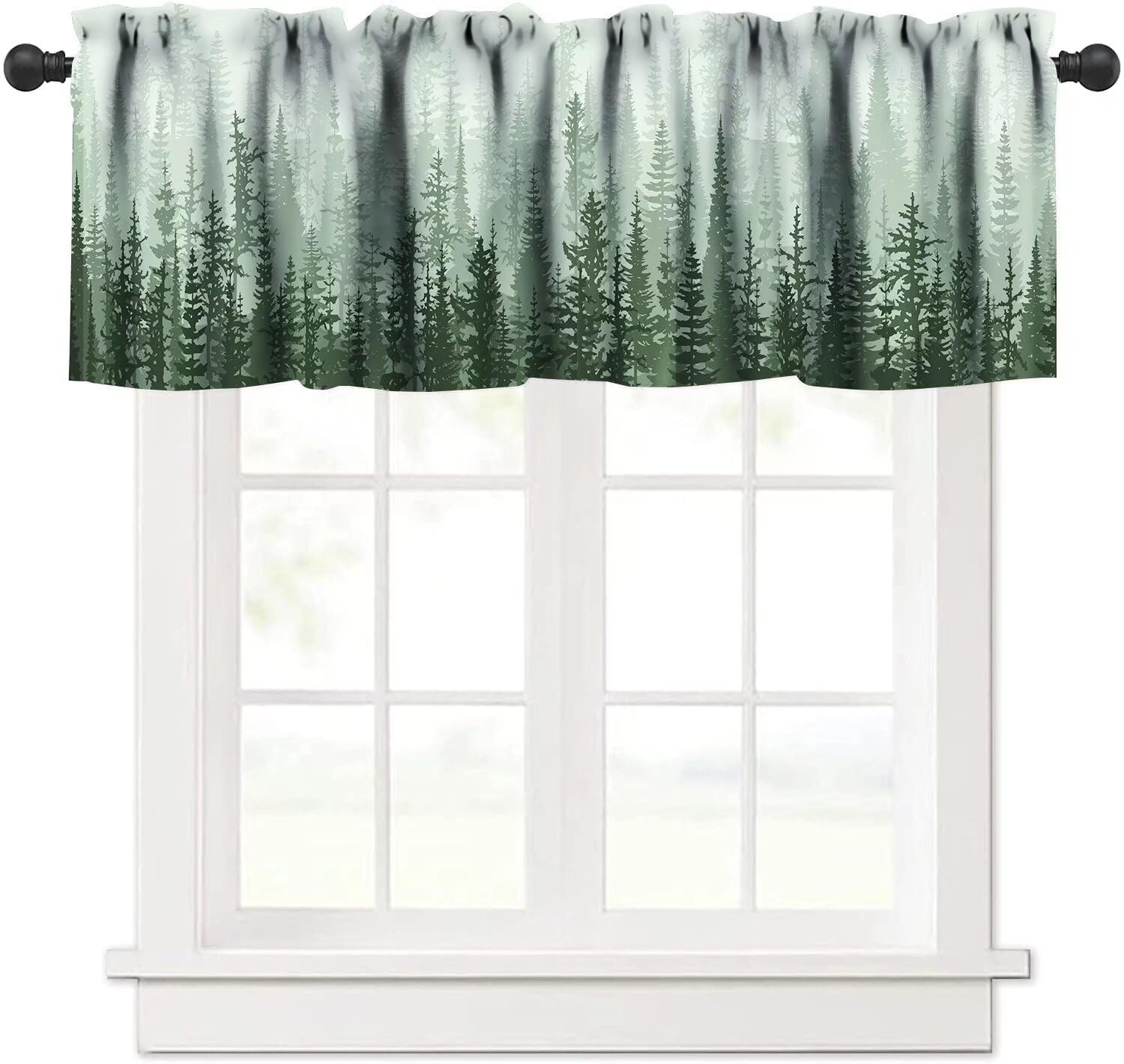 Foggy Green Forest Valance Curtain Landscape Coniferous Tree Rod Pocket Valan…