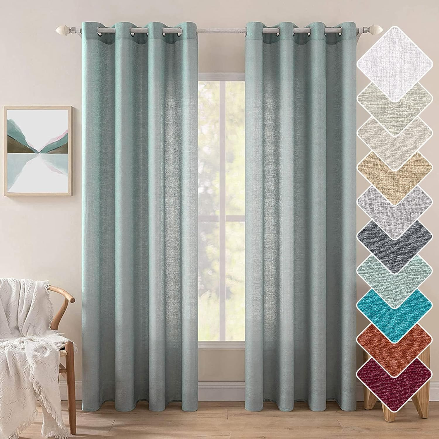 MIULEE Teal Green Faux Linen Textured Curtains 2 Panels for Bedroom Living Room