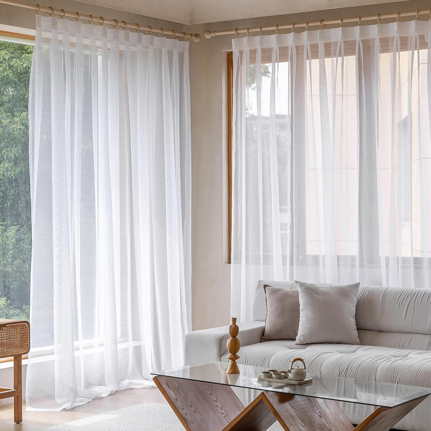 White Pinch Pleated Semi-Sheer Curtains for Living Room, 2 Panels 52×96