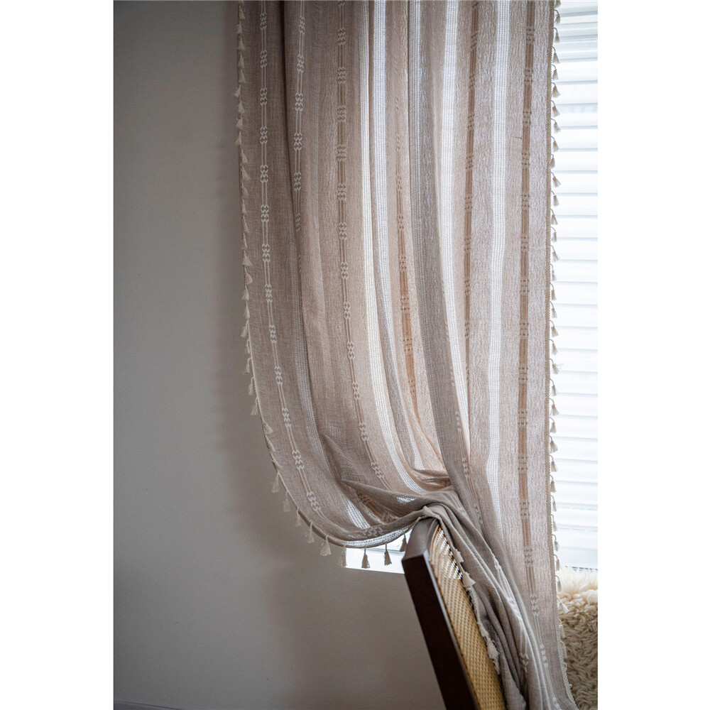 Bohemian Stripe Curtain Window Half Curtain with Tassel for Living Room Bedroom