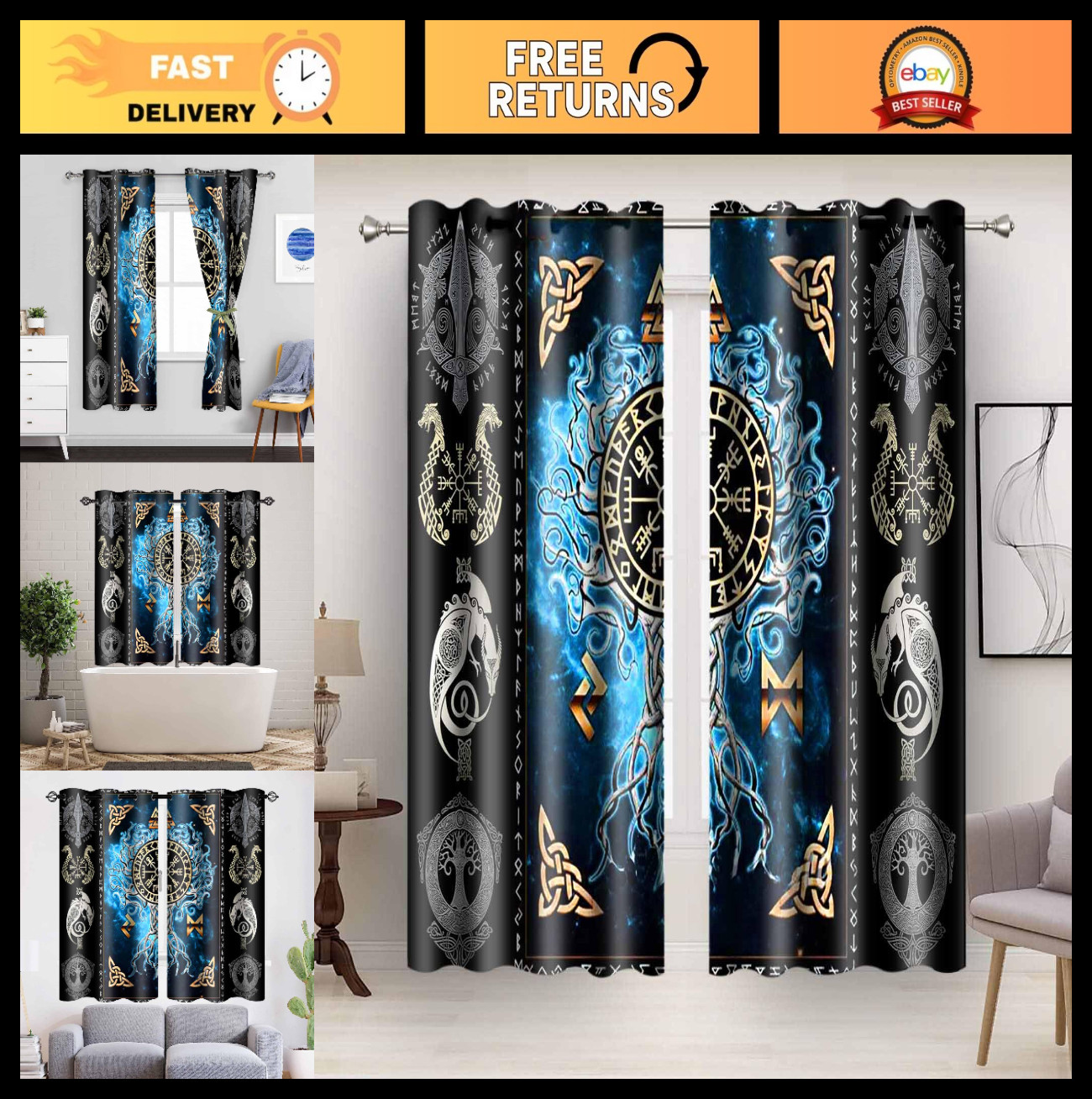 Scandinavian Pirate Totem Blackout Curtains, Room Darkening Tree of Life, 2 Pane