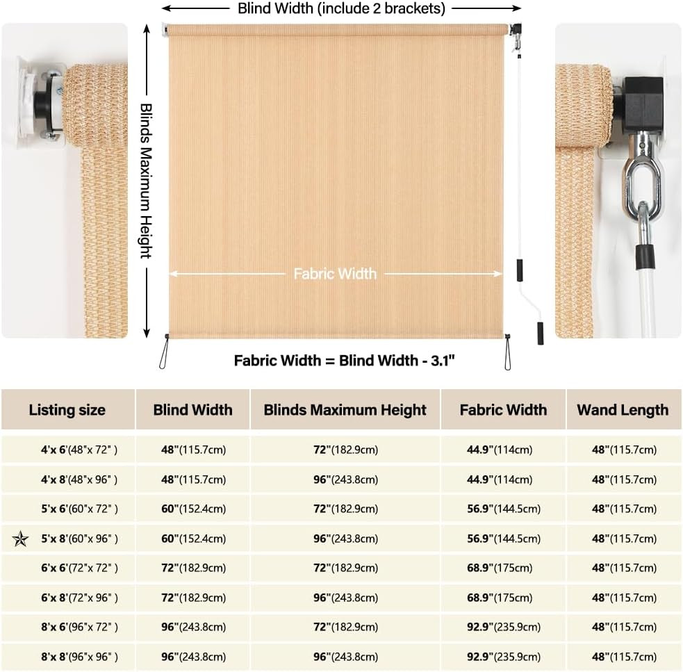 Outdoor Roller Shades 5′ W X 8′ L (60″ W X 96″ H), Cordless Patio Shades Roll up