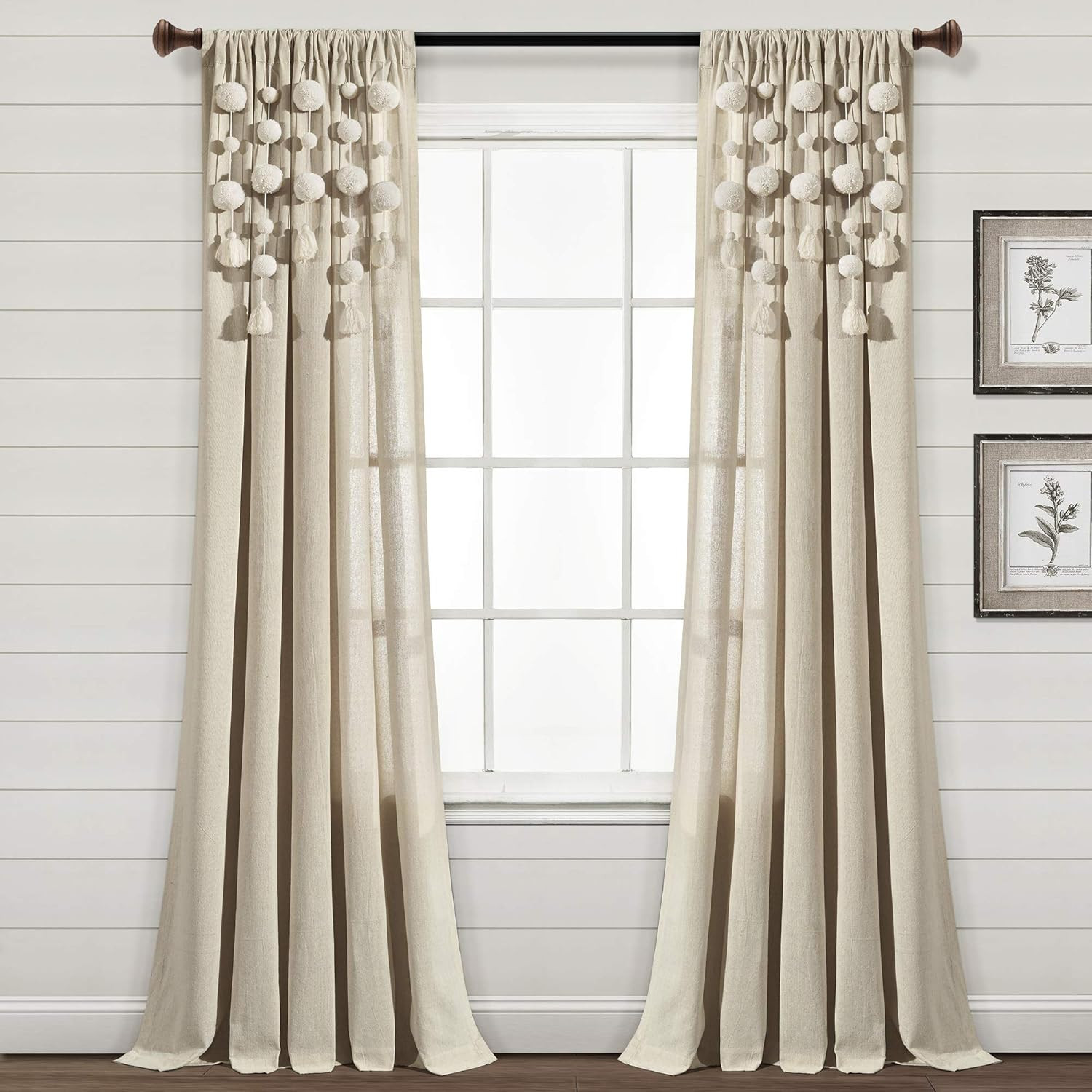 Boho Pom Pom Tassel Linen Textured Window Curtain Panel 52″ W X 95″ L