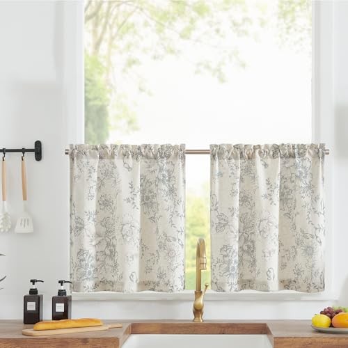 Floral Linen Tier Curtains Grey 26″W x 24″L (Pack of 2) Floral Grey on Beige