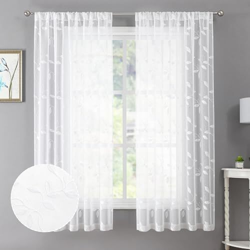 Leaf Sheer Curtains Leaves Embroidered Living Room Short 54″W x 45″L White