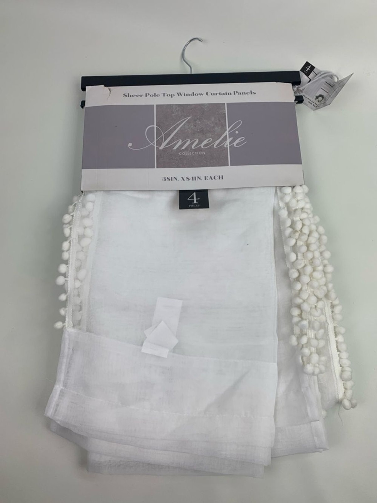 Ameile White Sheer Pole Top Window Curtain Panels with Pom Trim 38×84 New NWT