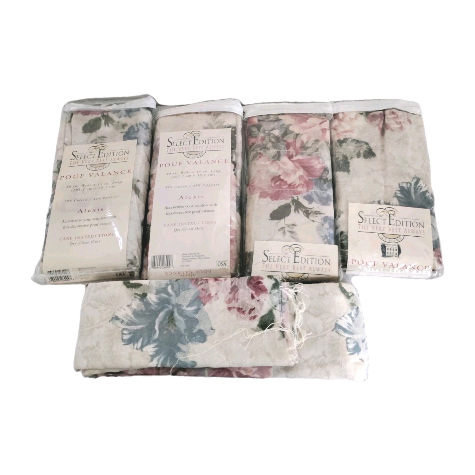 4 Vintage Floral Damask Valances 80″ & 3 Yards Matching Fabric USA 1990s NOS