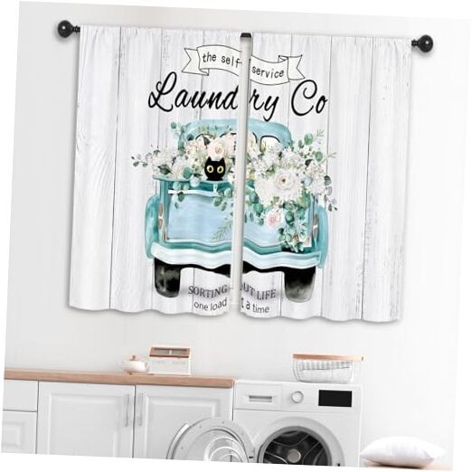 Laundry Room Curtains 27.5W x 39L Inch 55″W x 39″L (Pack of 2) Aqua Truck
