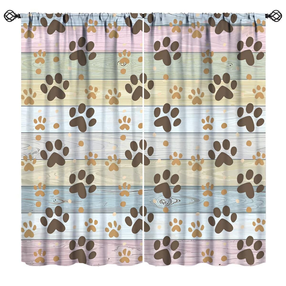 Dog Paw Curtains Rustic Colorful Wood Board Cute Puppy Paws Printed Window Dr…