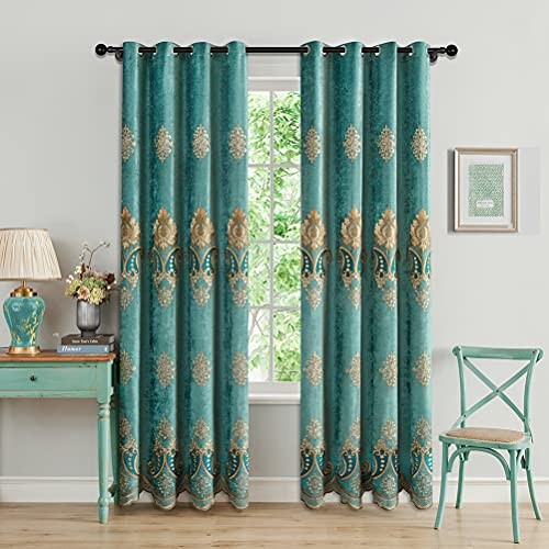 Chenille Curtain Sets with Embroidered 52″W x 96″L (Pack of 2) Turquoise