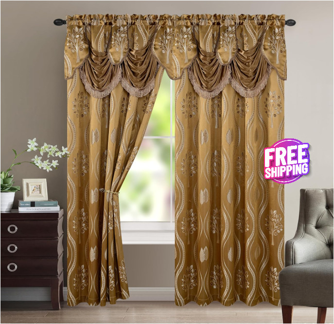 Cortinas Para Sala De Estar Elegantes Con Cenefas 54X84″ Modernas Oro 2 Paneles