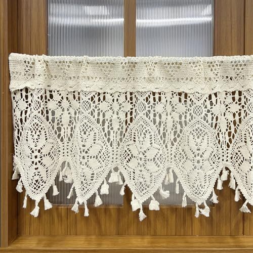Rustic Crochet Curtains Valance for Kitchen Cotton W35 L15 Inch Beige Sheer