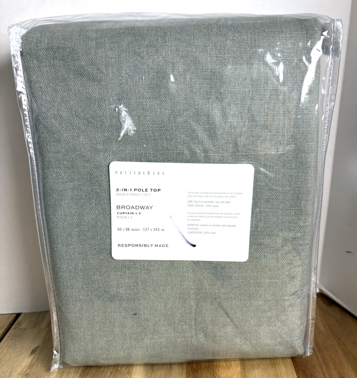 Pottery Barn Broadway Unlined Curtains 50″ x 96″ Eucalyptus Set of 2 Cotton New