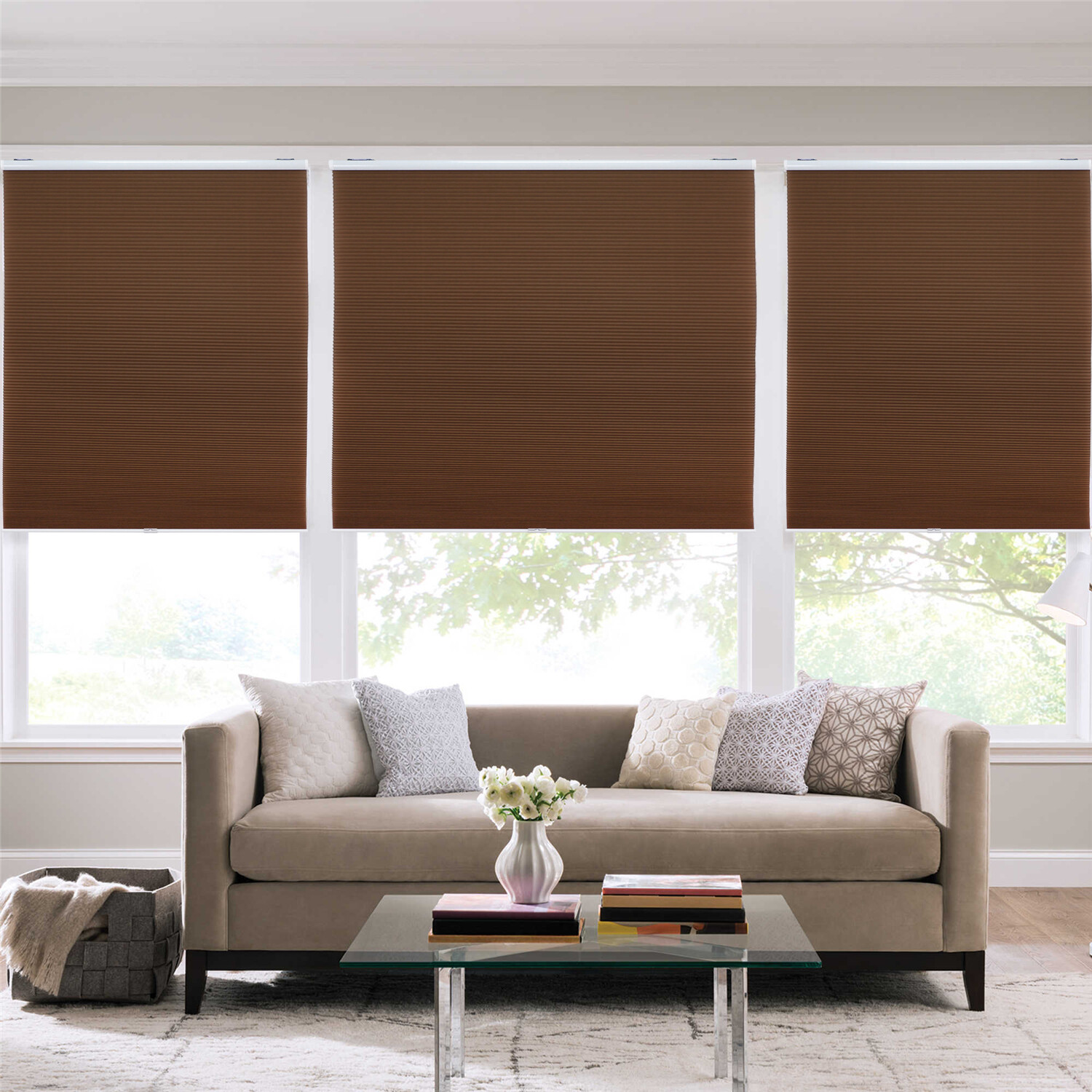 Coffee Privacy & Light Filtering Cordless Cellular Shades Window Blinds- 67″ W X