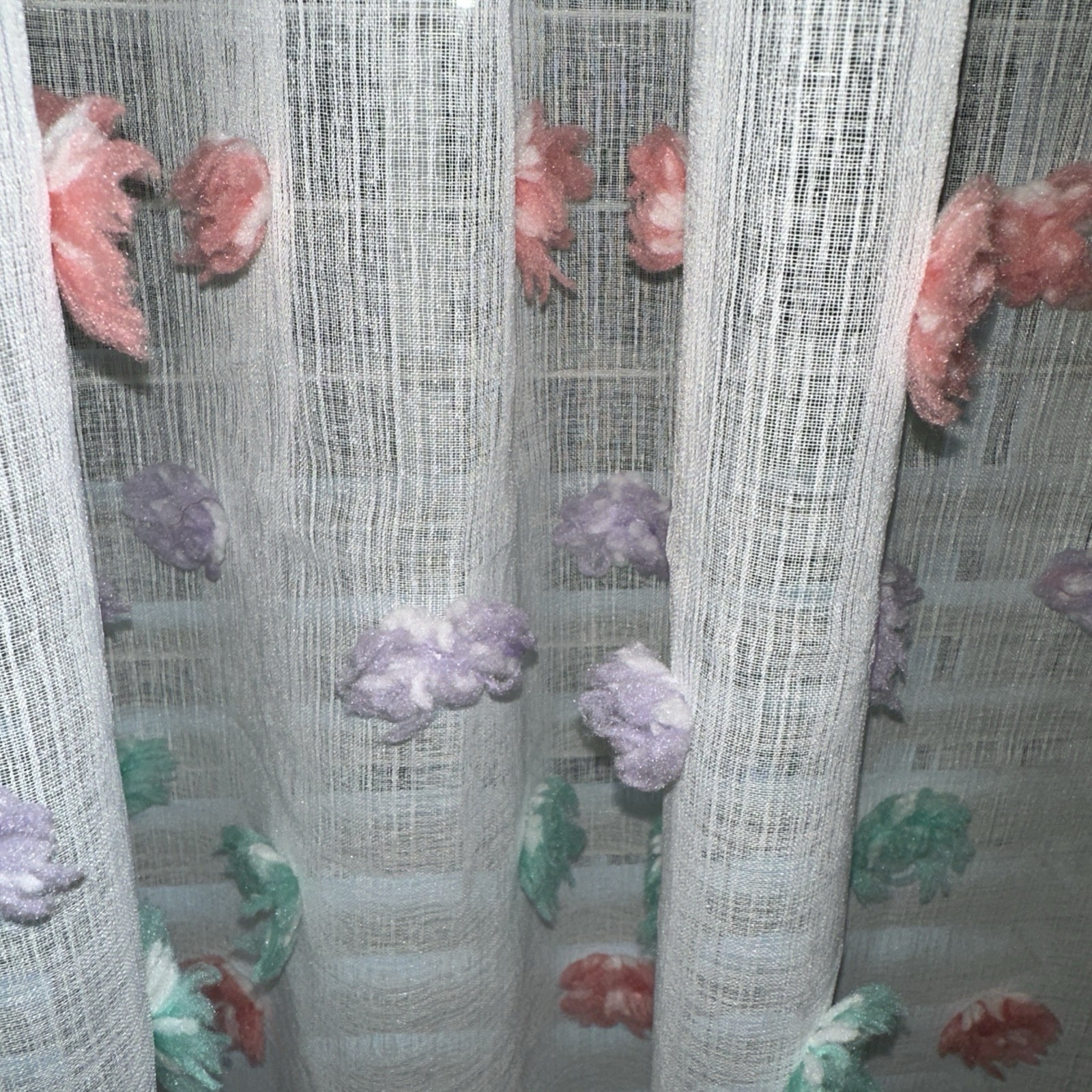 YOUR ZONE POM POMS CURTAIN PANEL 38X84 SHEER WHITE PASTEL COLORS EUC