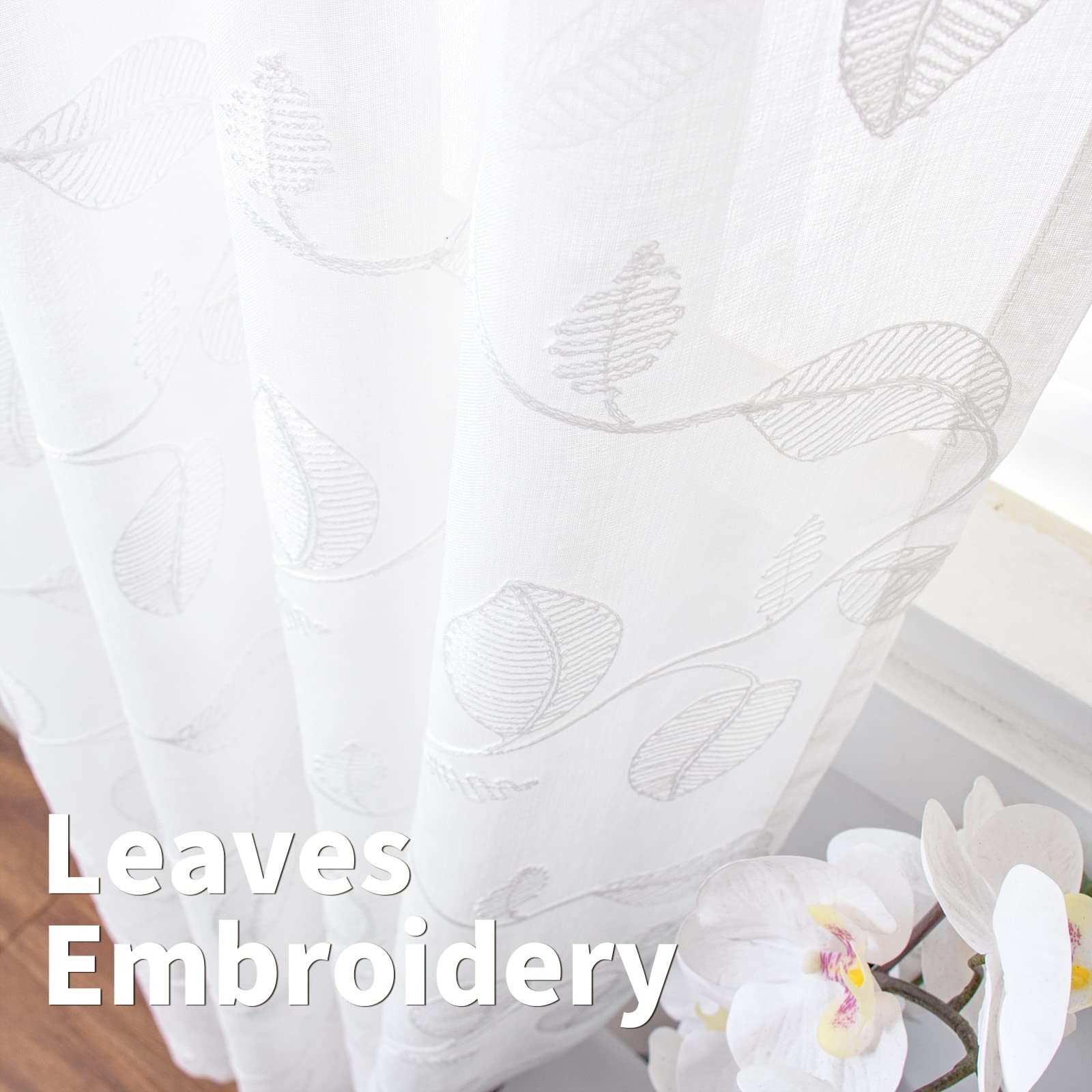 White Sheer Curtains 63 Inches Long – Embroidered Leaf Pattern Light Filterin…