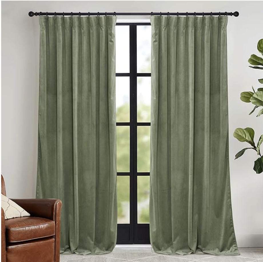 Ryb Sage Green Velvet Drapes 52 x 96 Back tab Rod Pocket 2 Panels