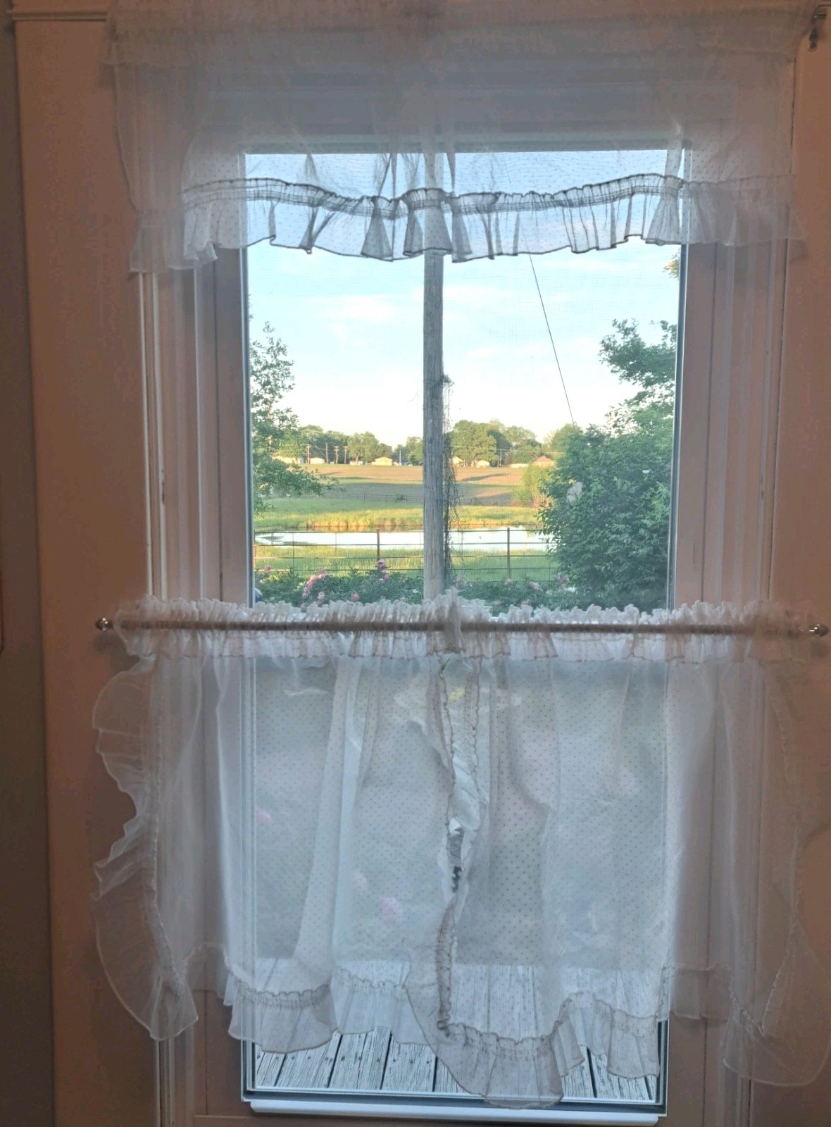 Vintage white polyester dotted swiss cafe curtains and valance rod pocket