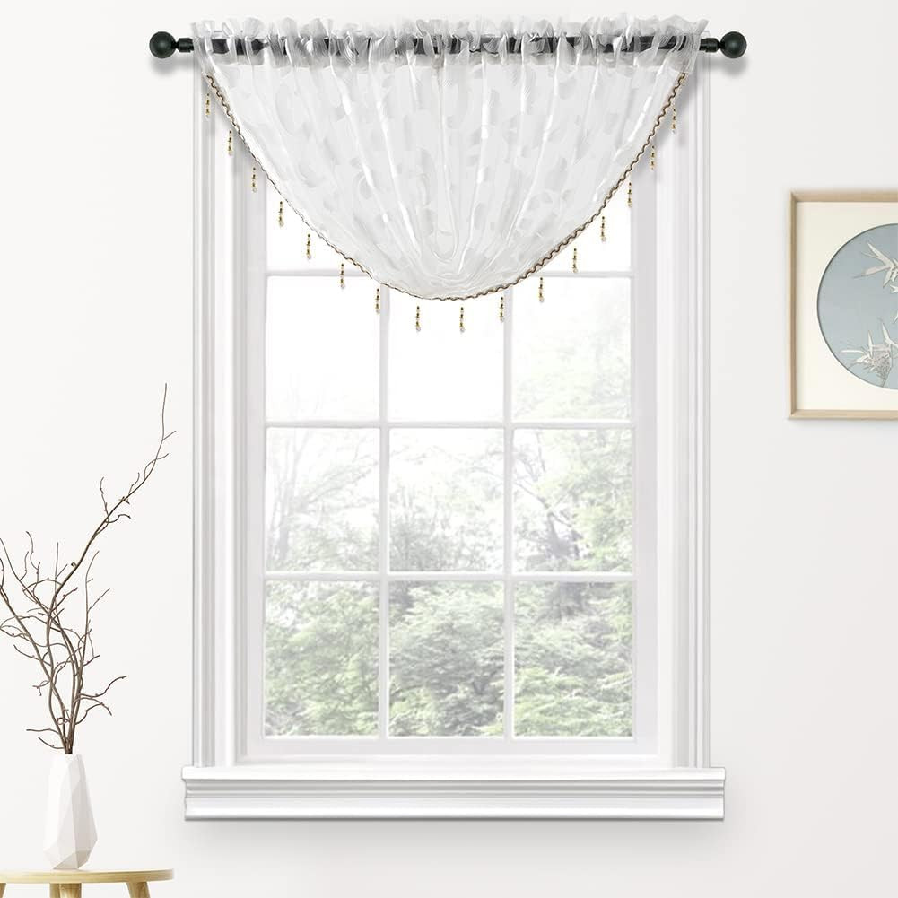 Elegant White Organza Waterfall Valance with Beaded Tassel Trim, 40 x 17 Inch