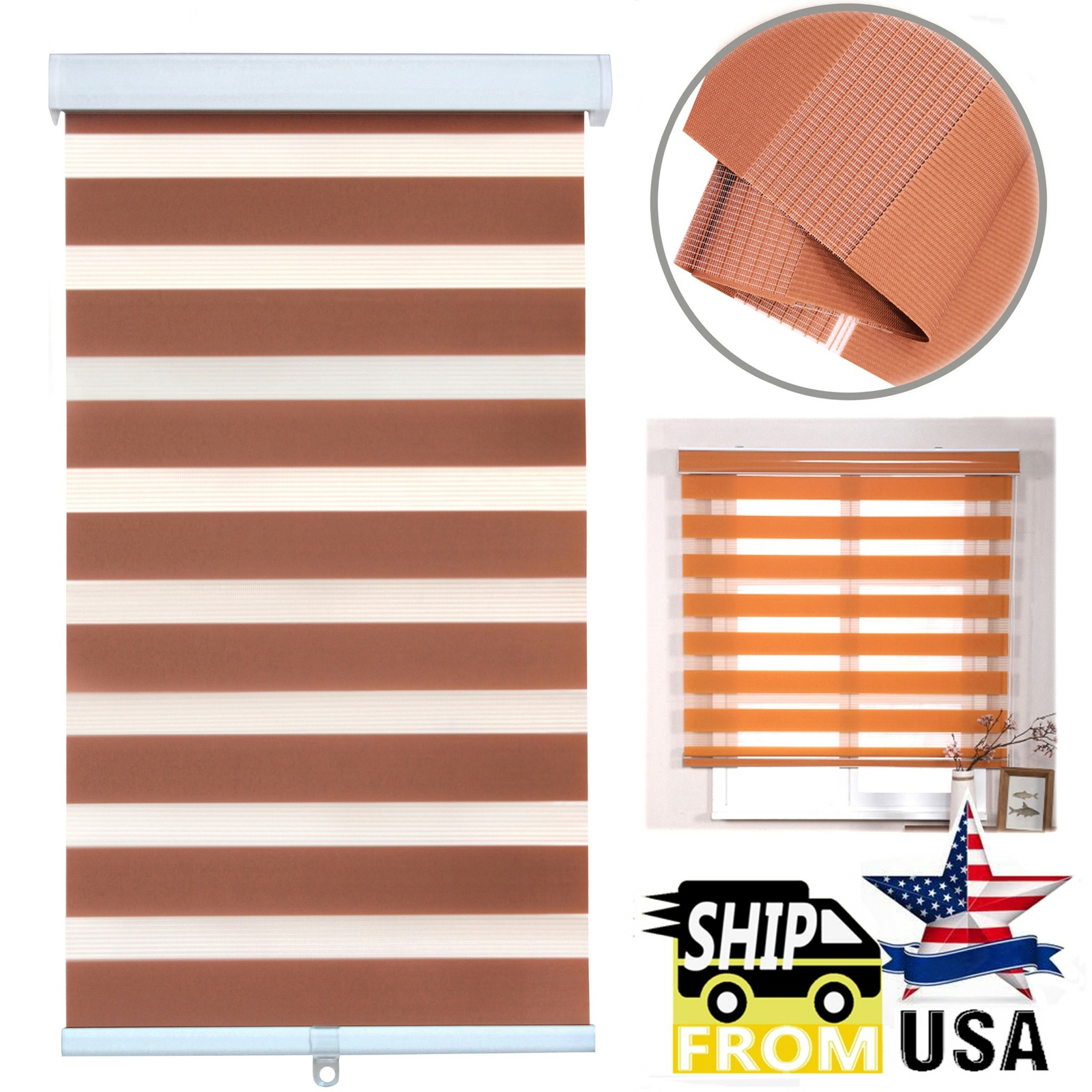HTTMT- 71″ Zebra Blinds Shade Day Night Dual Layer Window Curtains Horizontal Br