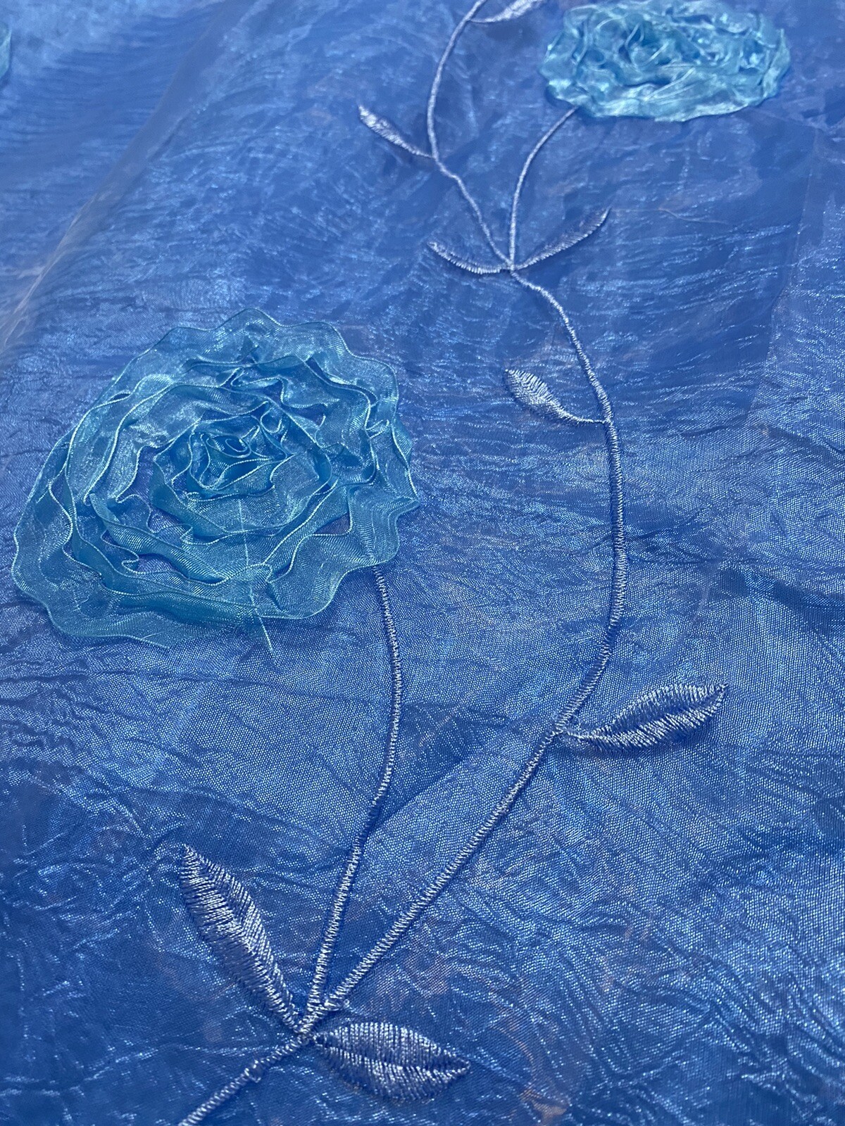 Curtain Panel Blue Organza Ribbon Flower Large Window Panel 122”W X 121”L NWOT