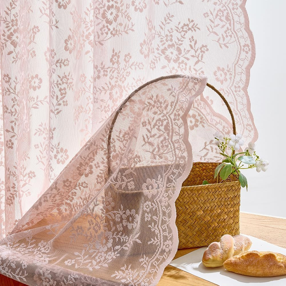 Vintage Lace Curtains 54 Inches Long with Floral and Branch Pattern, Elegant Rom