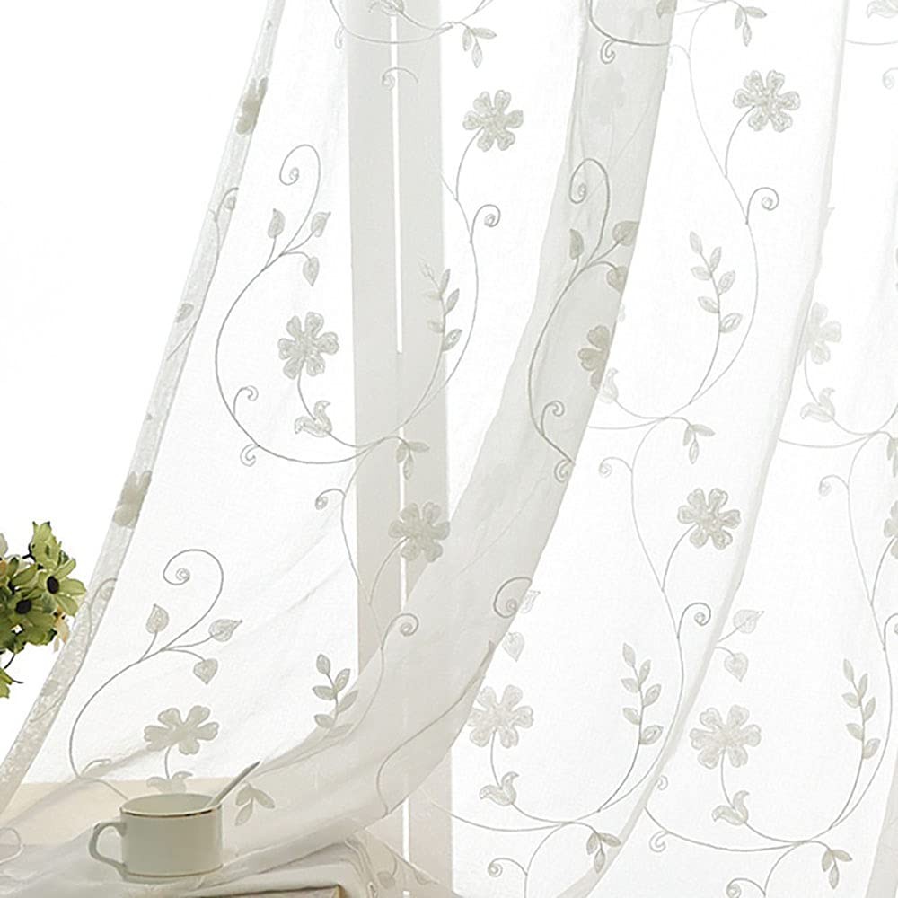 Set of 2 Panels White Embroidered Flowers Sheer Curtains for Bedroom Living D…