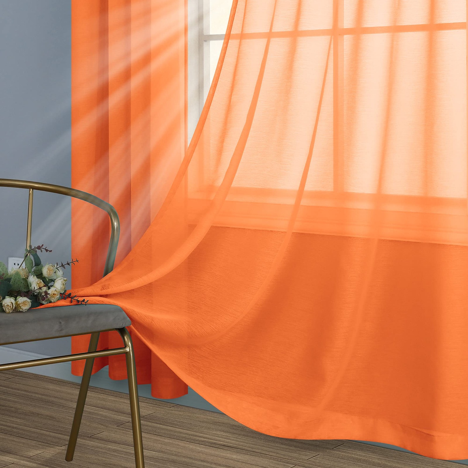 Orange Sheer Curtains 84 Inches Long 2 Panels, Retro Tangerine Mid Century Mo…
