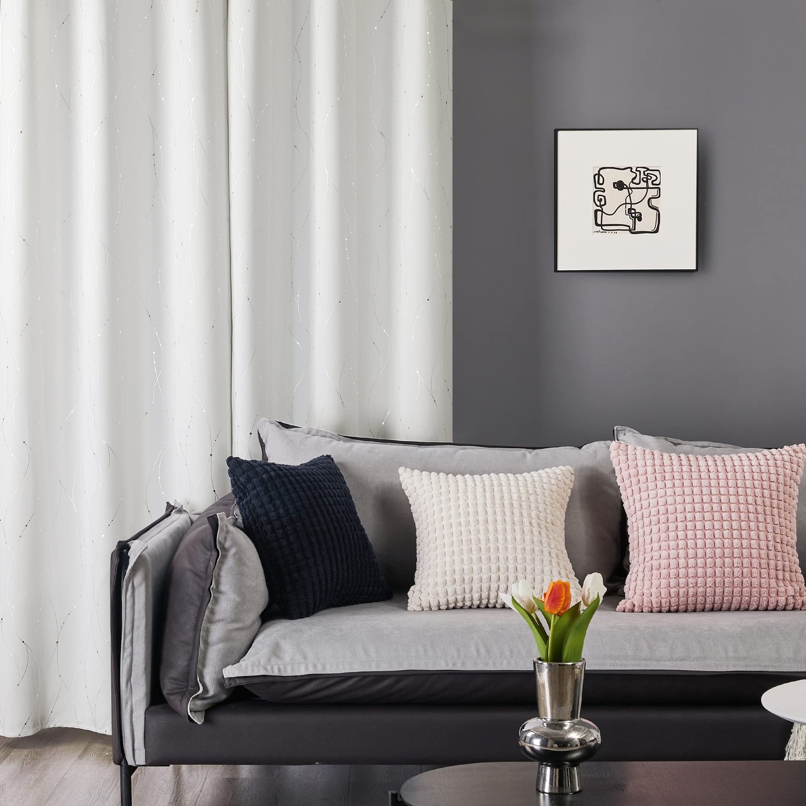 Room Darkening Curtains, Pure White Thermal Grommet Drapes, Silver Wave Dots …