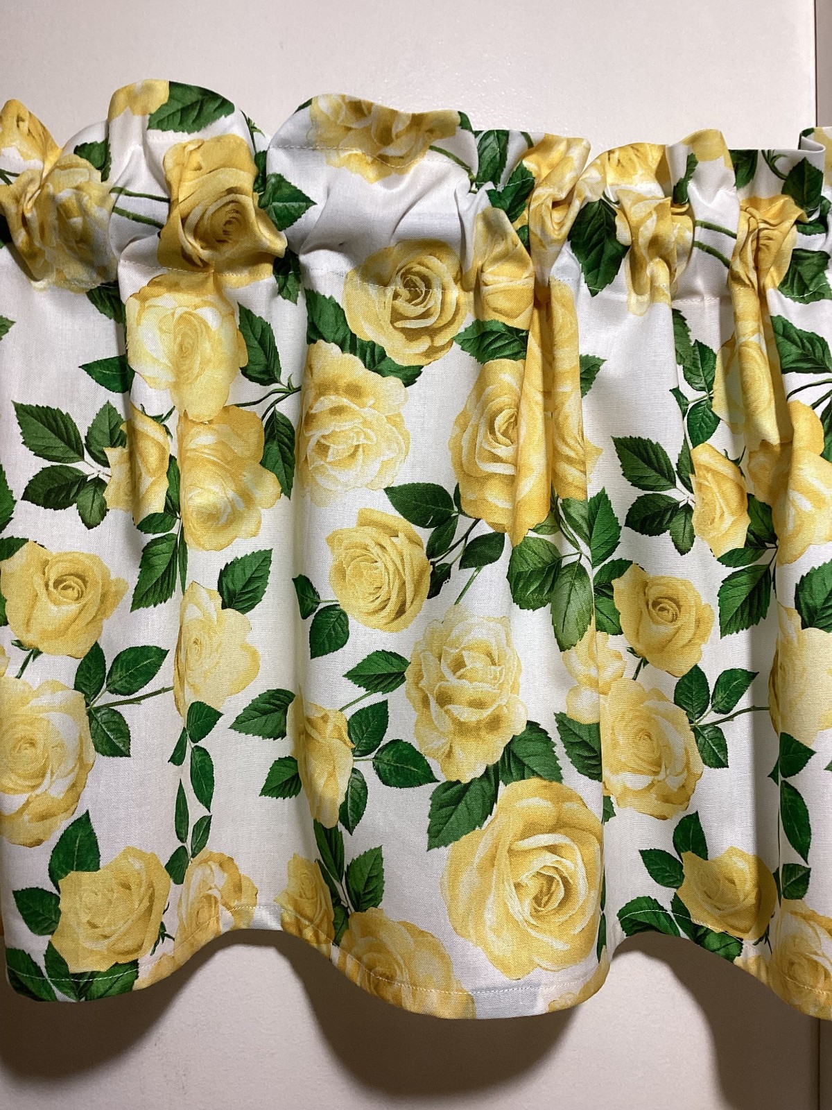 Handmade Yellow Rose on White Cotton Valance, 42 X 15 INCHES