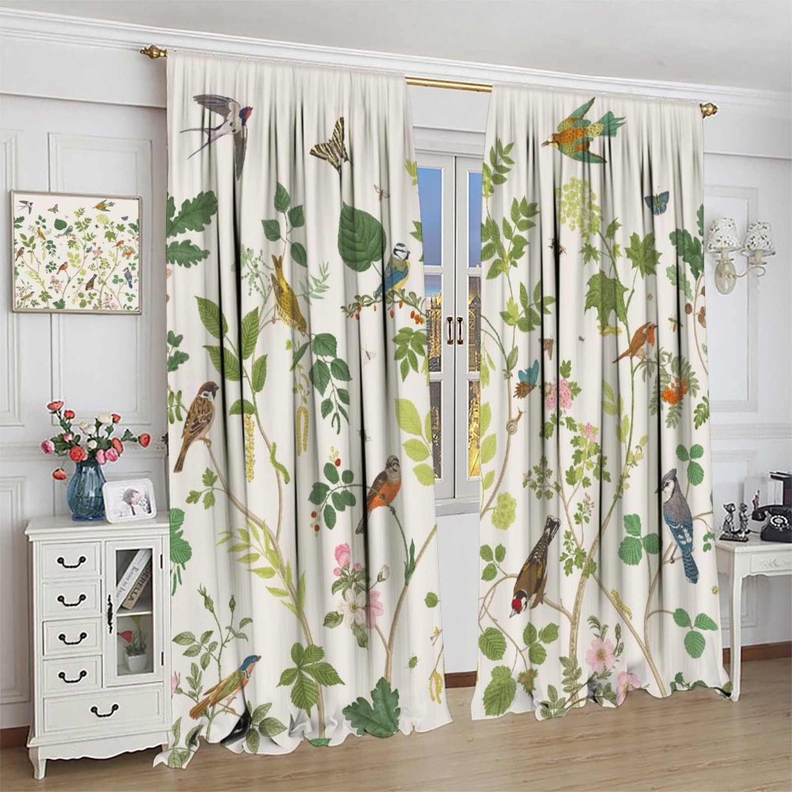 Flowers Birds Curtains,Vintage Floral Garden Window Treatments for Bedroom Li…